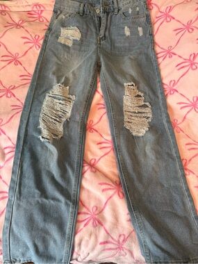 Women's Straight Leg Distressed Jeans - Light Blue